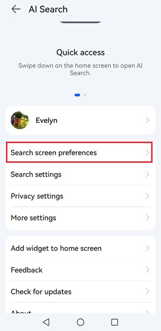 Search screen preferences