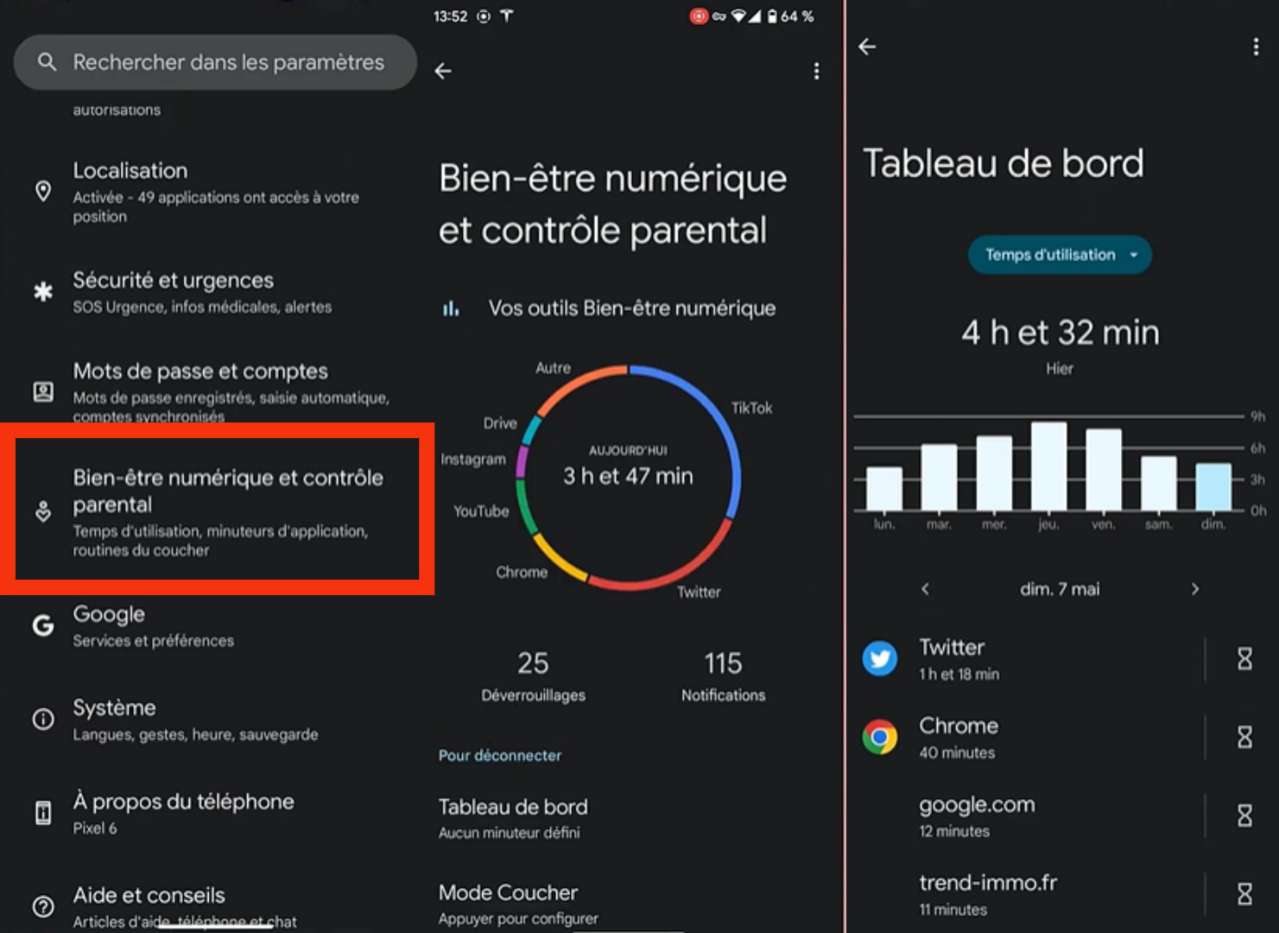 Voir le temps d'écran sur Android avec le Bien-être numérique