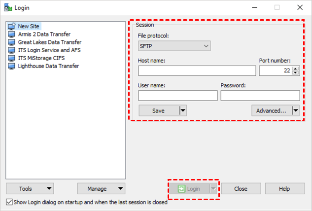 winscp login window