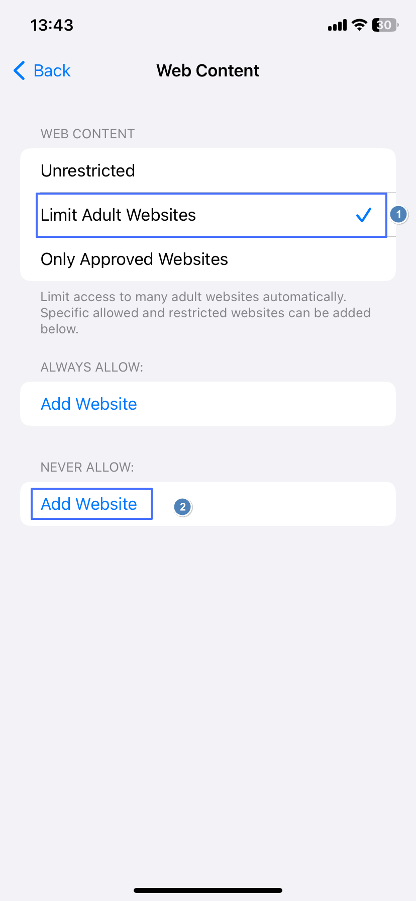 Add Website in Limit Adult Websites mode