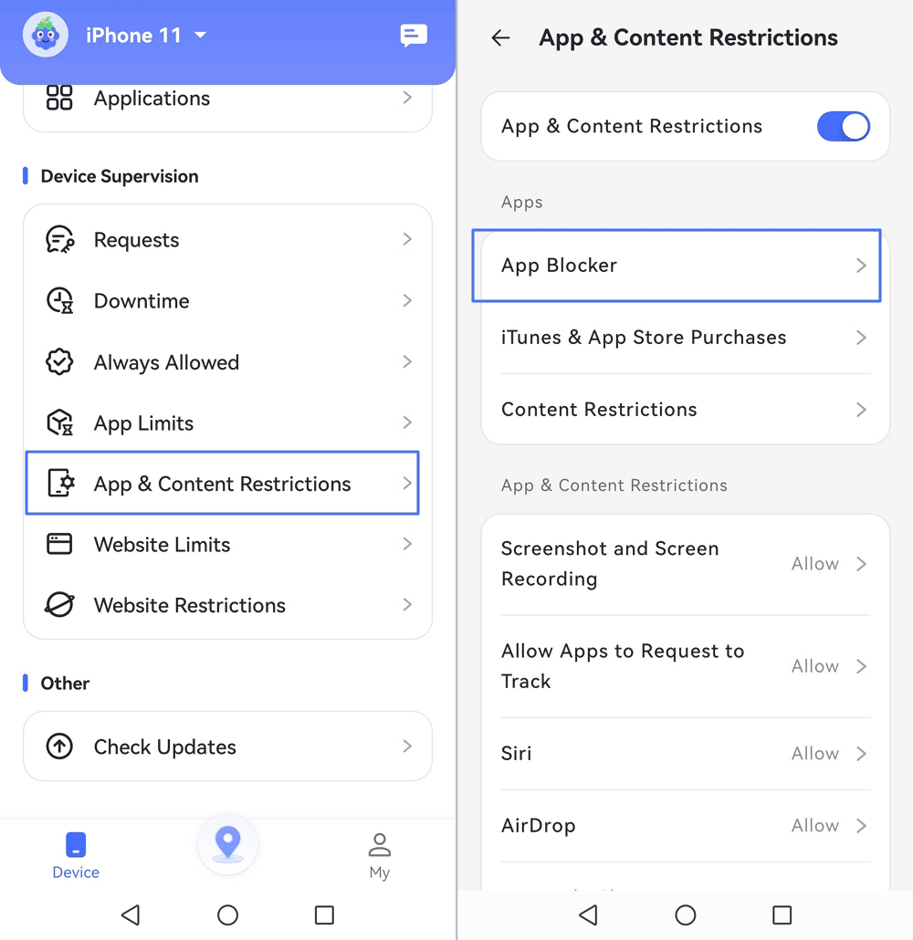 Blocco app di AirDroid per iOS