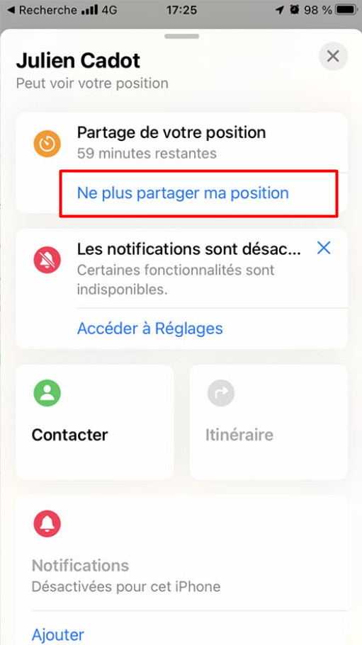 Arrêter le partage de position sur iMessage