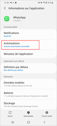 Autorisation Whatsapp Android