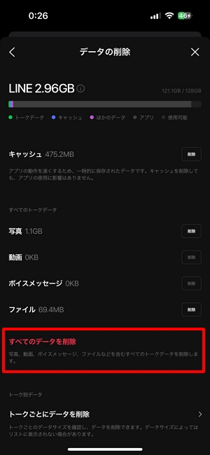 「すべてのデータを削除」をタップ