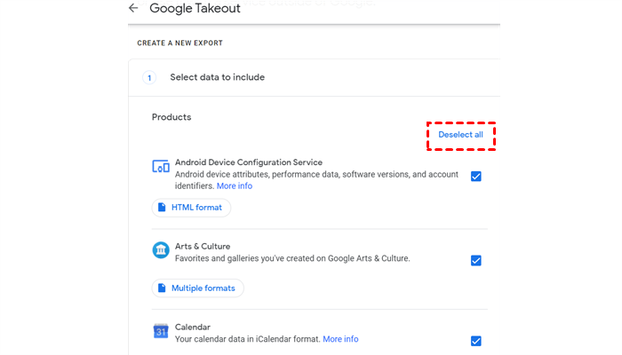 deselect all on google takeout