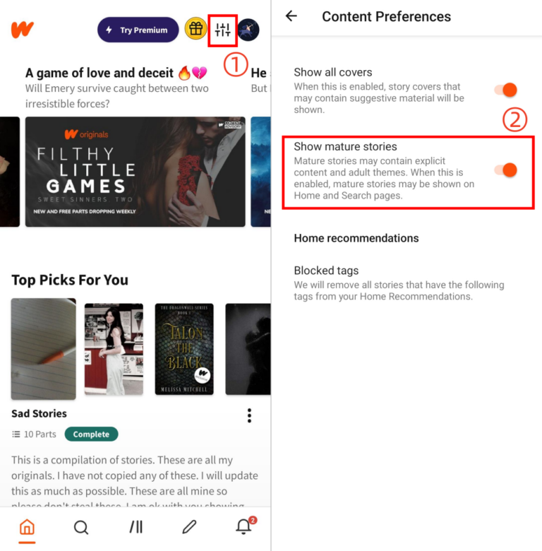 disable mature content on Wattpad