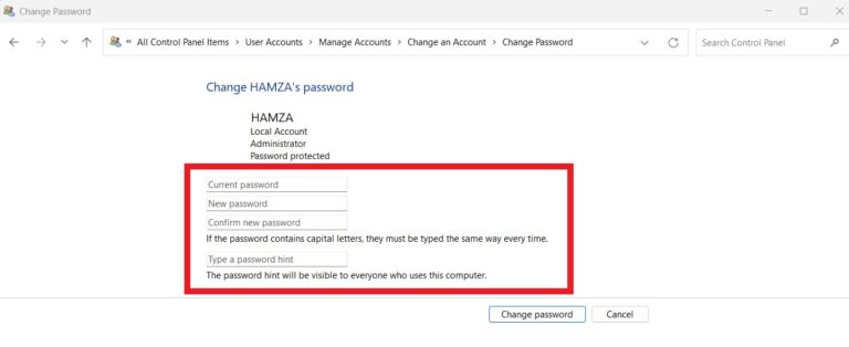 set new password from control panel