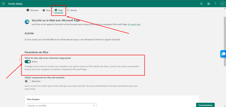 Filtrer les sites web Microsoft Family Safety