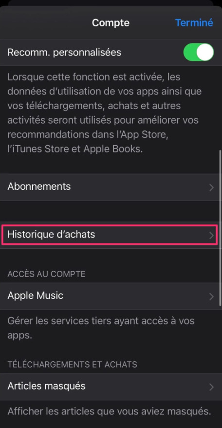 Voir l'historique des achats sur iPhone