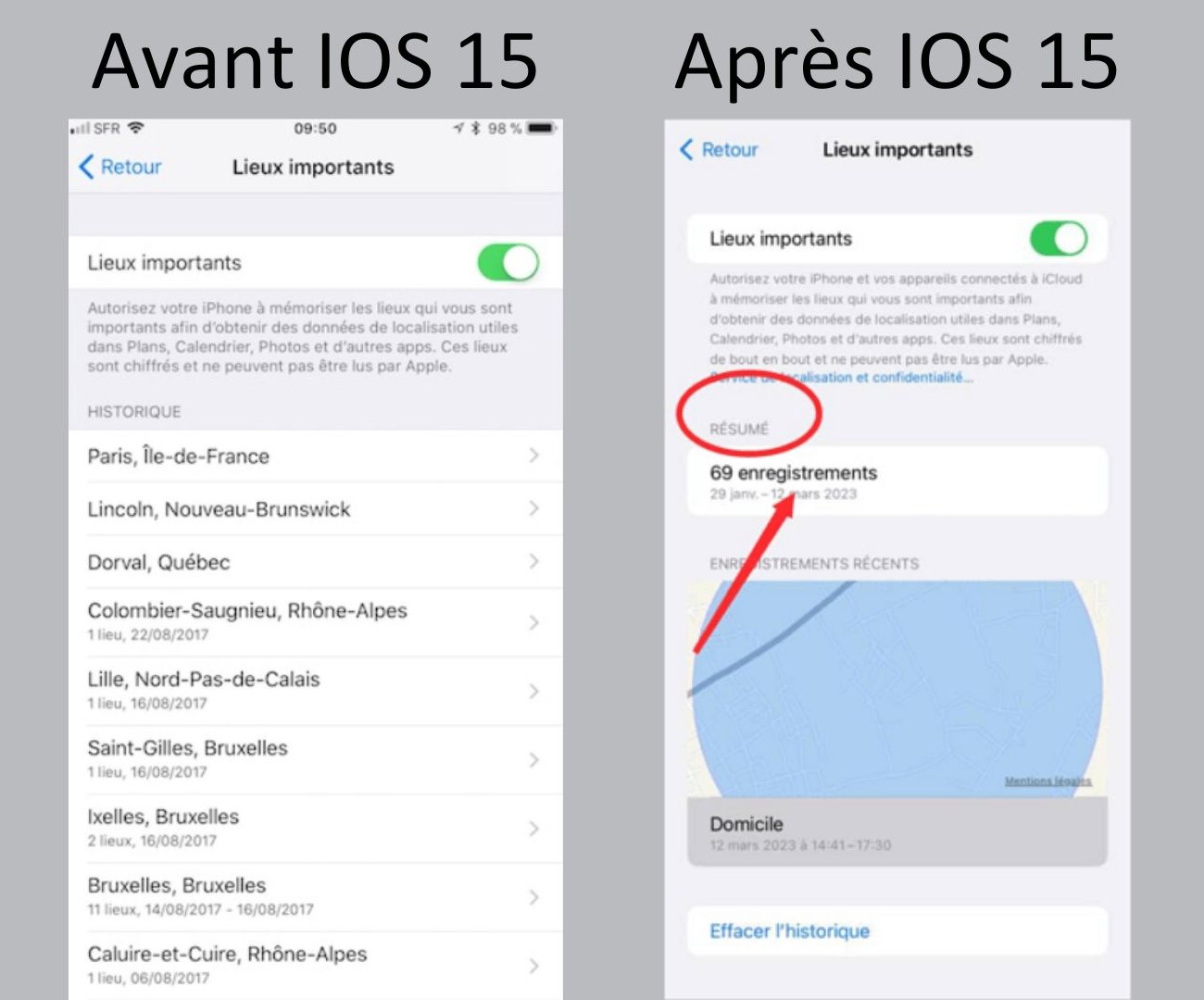 Lieux importants iPhone avant après iOS 15