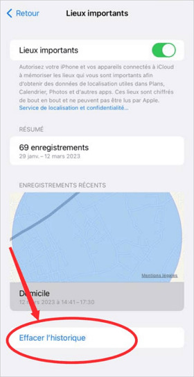 Effacer les lieux importants iPhone