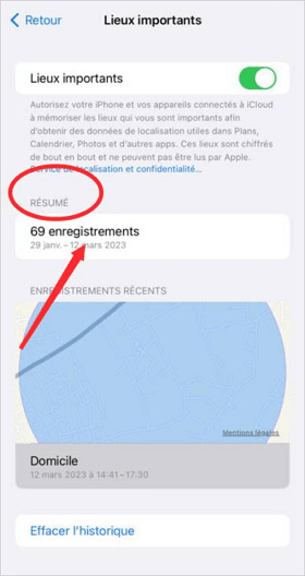 Voir le résumé des lieux importants iPhone