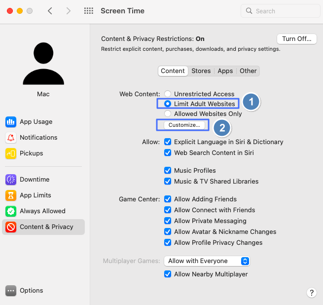 tick Limit Adult Content and click Customize
