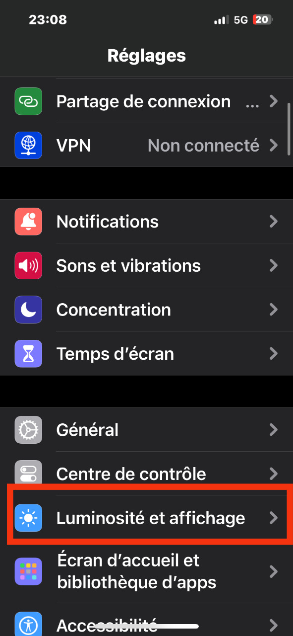 Luminosité et Affichage iPhone