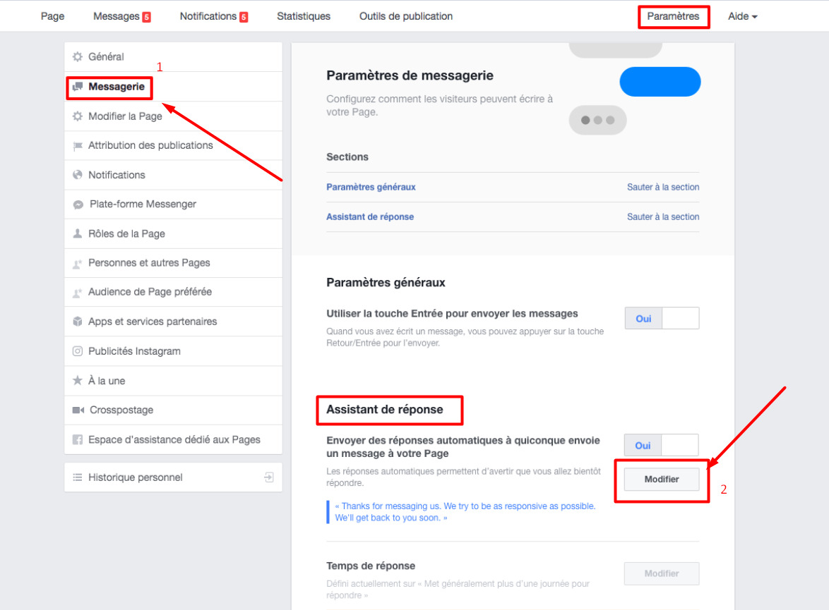 Modifier le message automatique sur Messenger
