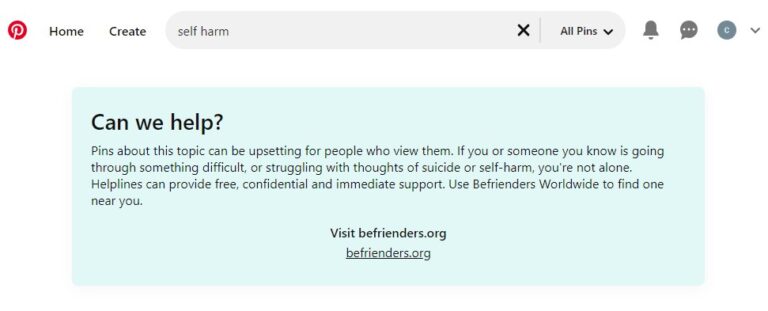 Pinterest self harm search result