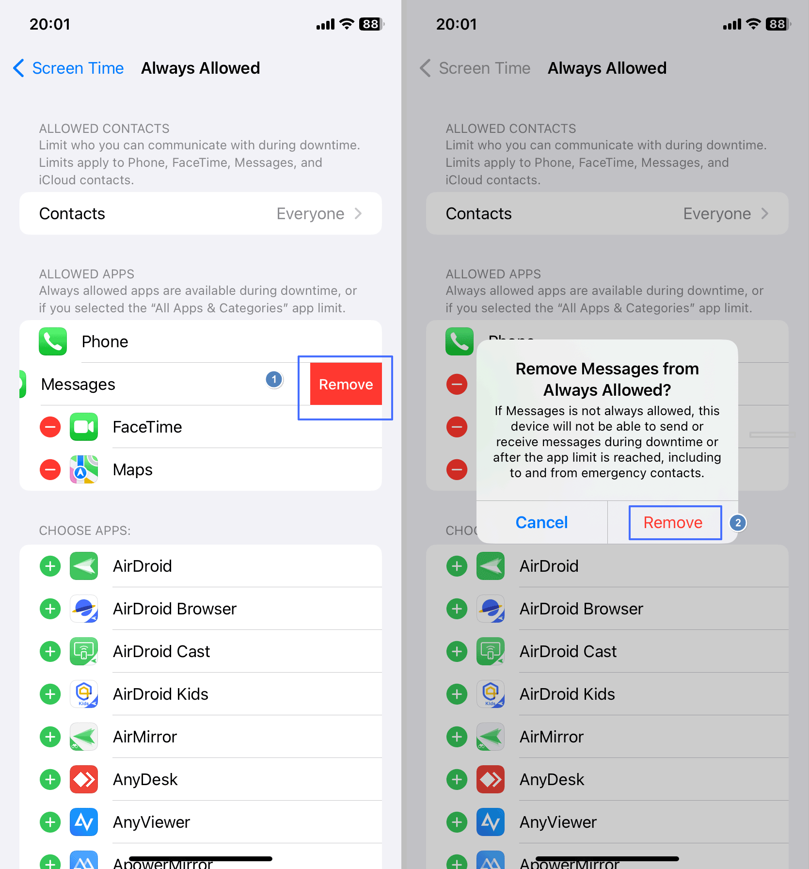 remove iMessage from the always allowed list