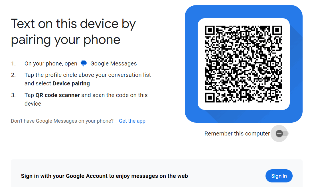 escaneie o QR code do Google Messages para Web