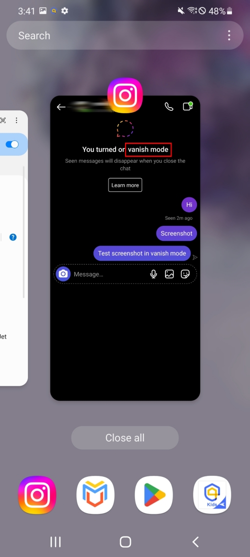 screenshot Instagram Vanish Mode with app switcher