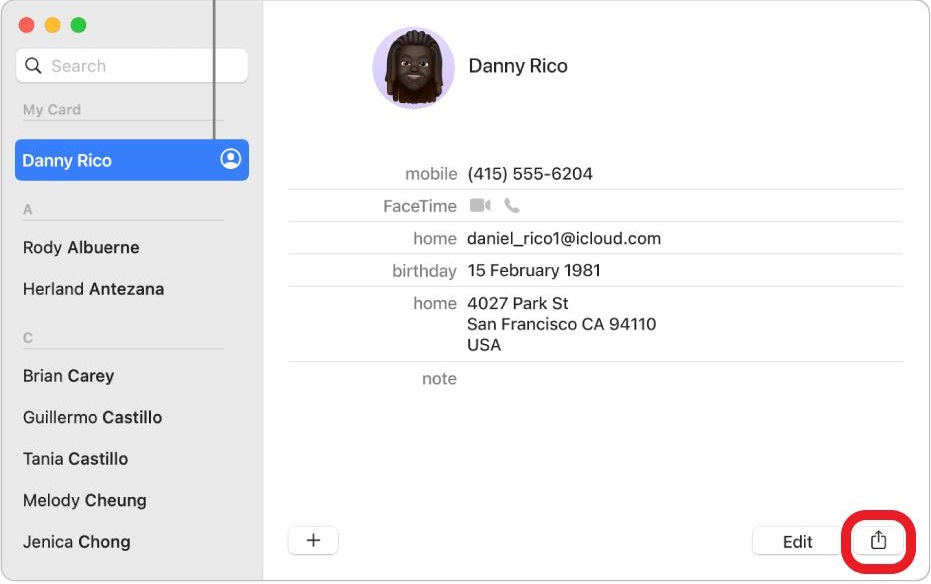 send contact card on iMessage on Mac