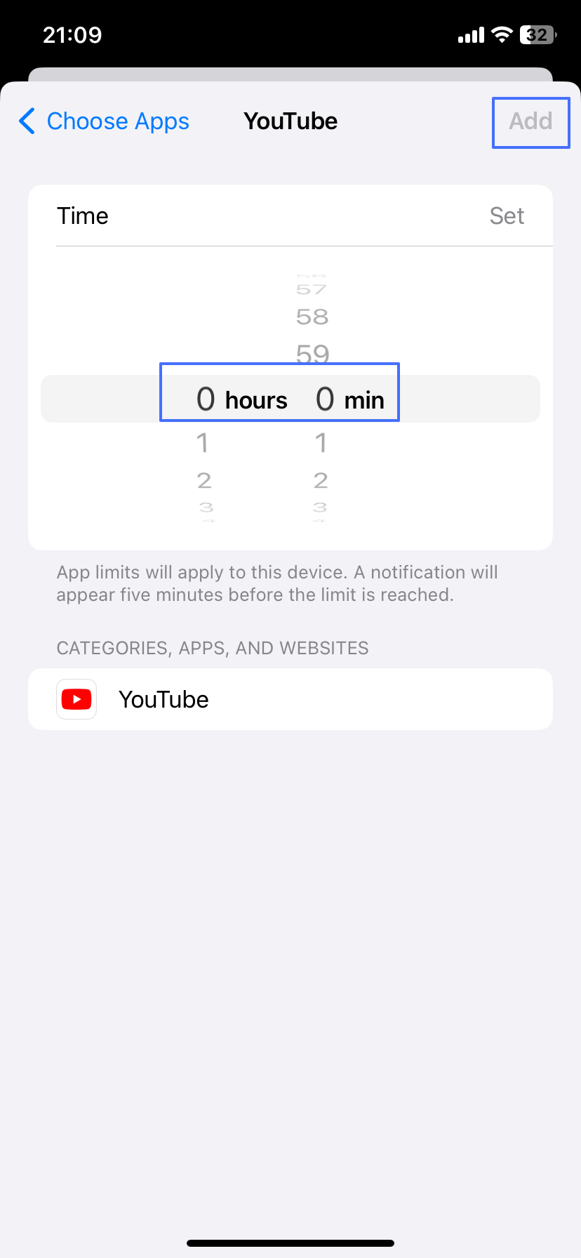 set the amount of time allowed for YouTube