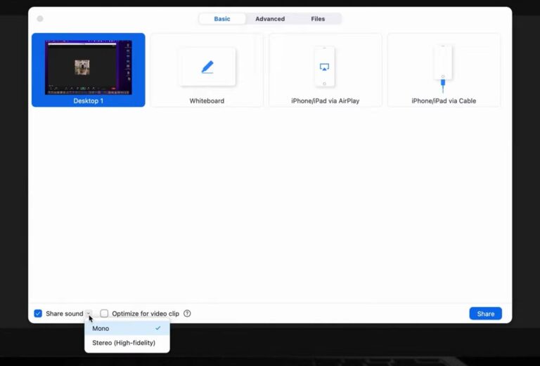 screen sharing with audio in Zoom