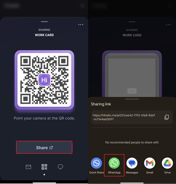 share HiHello business card via WhatsApp