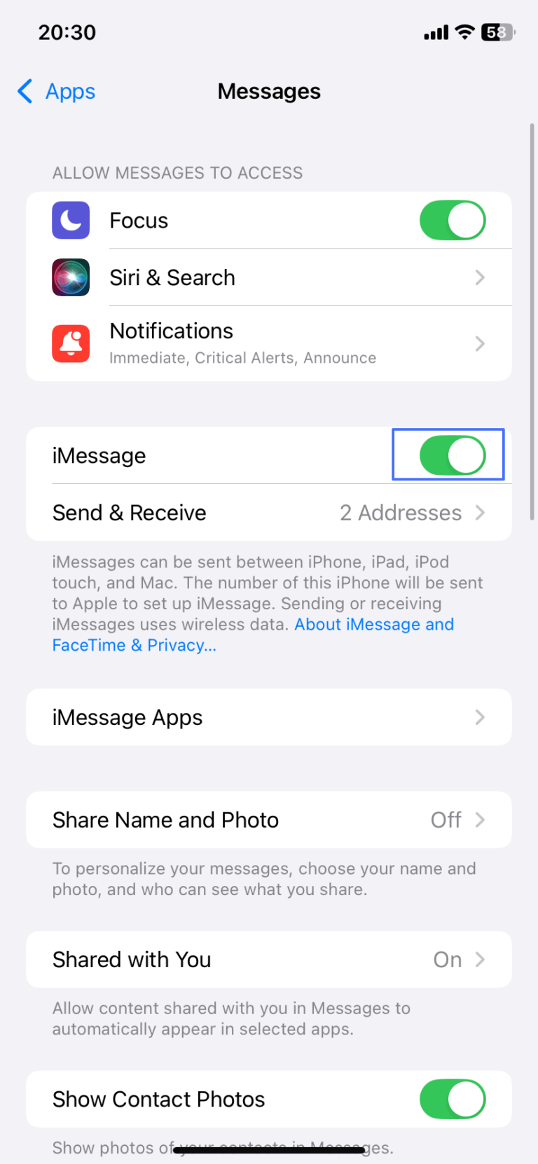 Desativar a sincronização do iMessage