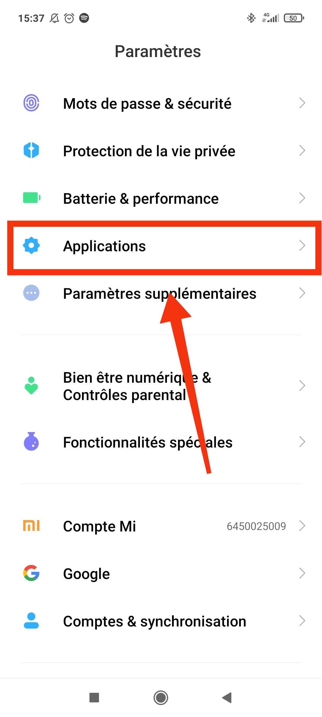 L'onglet Applications sur Xiaomi