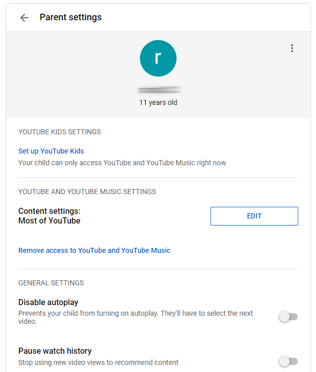 YouTube Parental Control settings