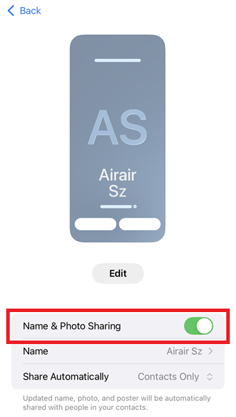 turn on Name and Photo Sharing