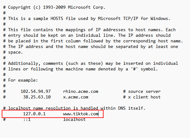 add TikTok website in Hosts file for blocking it