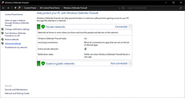 open advanced settings in firewall