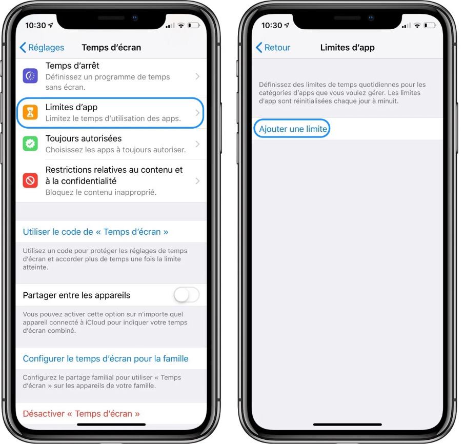 Ajouter limite temps d'écran iOS