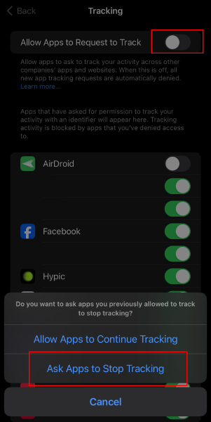 turn off tracking for all apps on iPhone