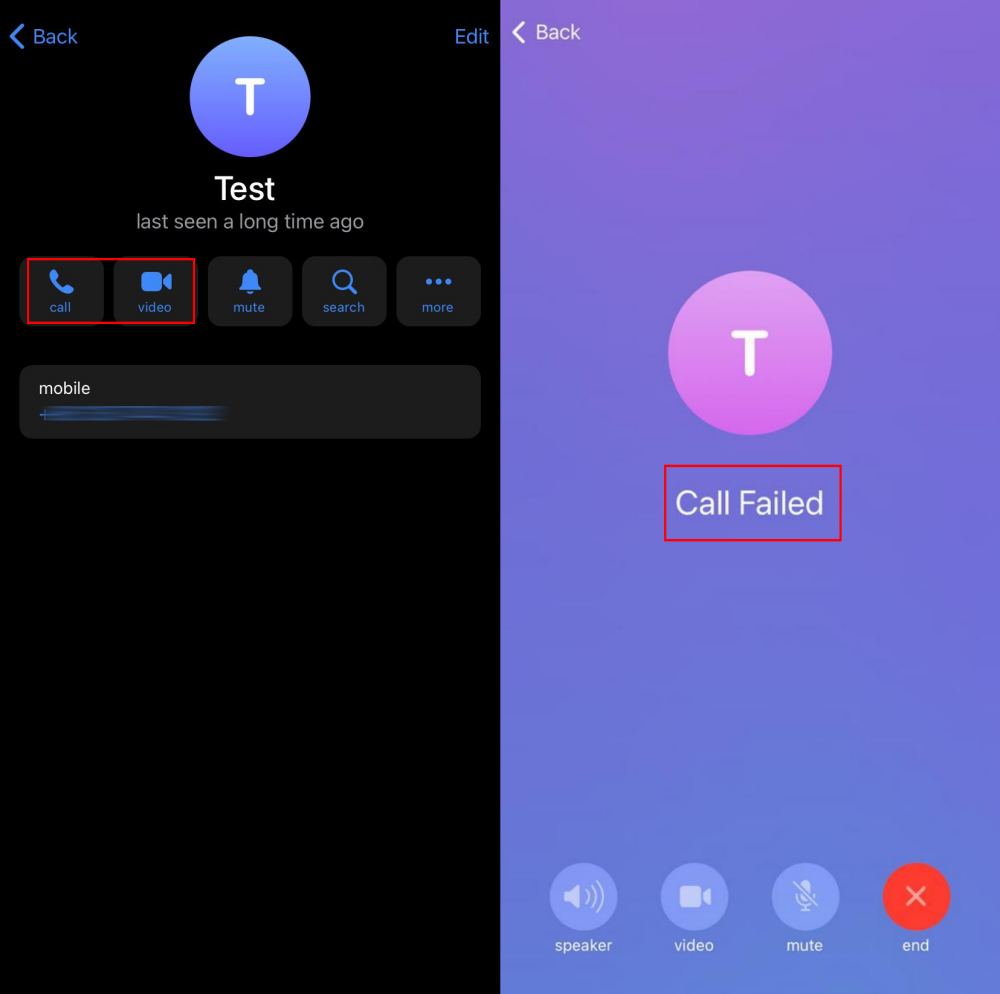 chiamata fallita su Telegram