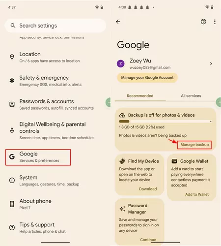 Check syn settings of Google