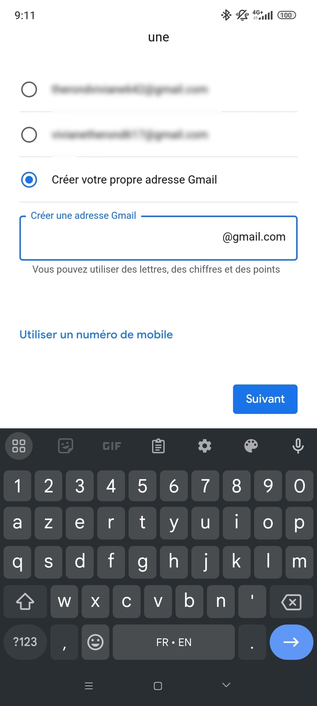 Choisissez nom de nouvelle Gmail