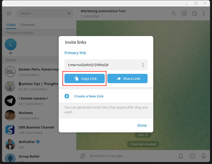 Click Copy Link to create a Telegram link