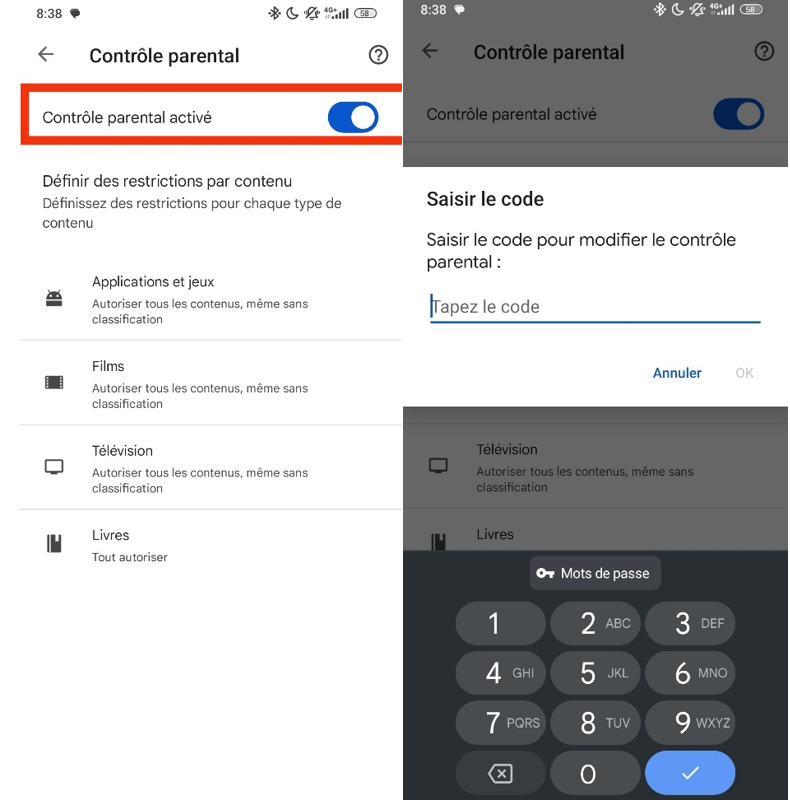 Désactiver contrôle parental de Google Play Store