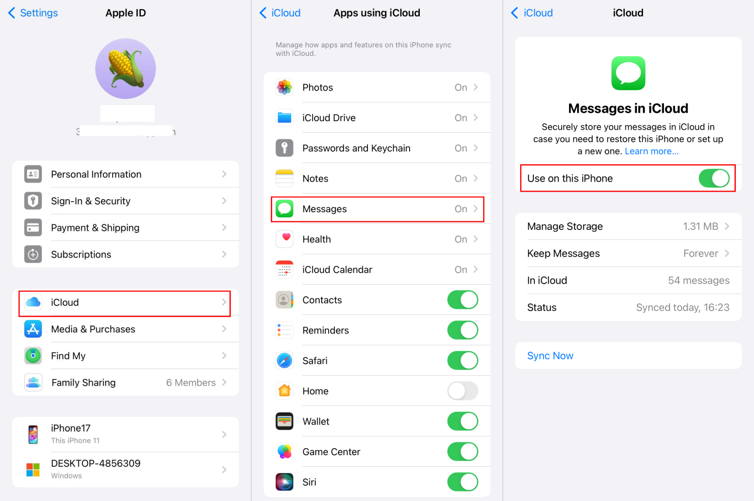 enable Messages in iCloud iPhone