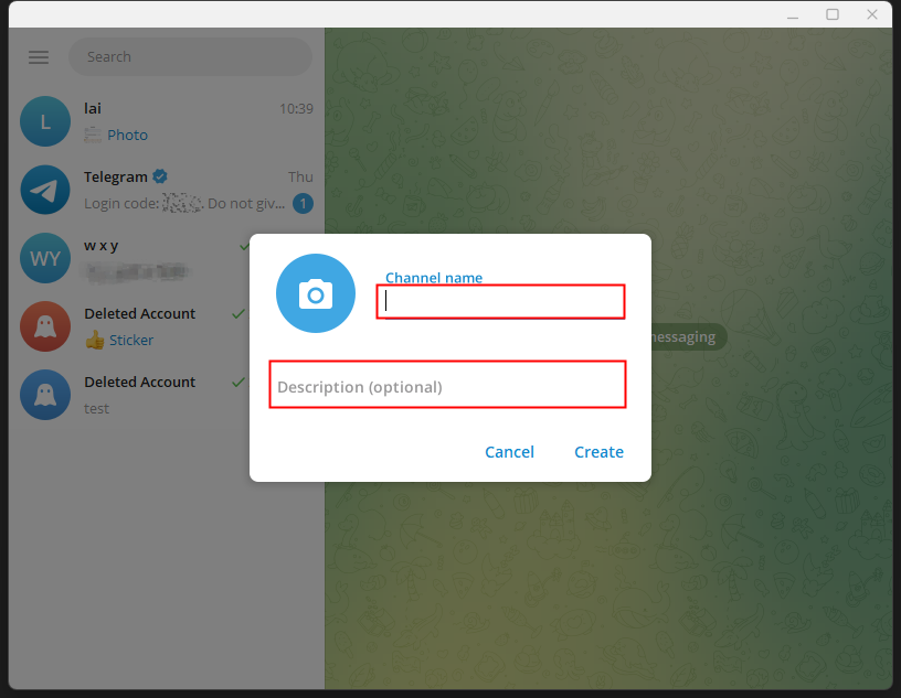 Enter Telegram channel name and description