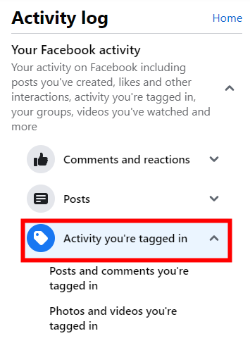 Facebook tagged activity