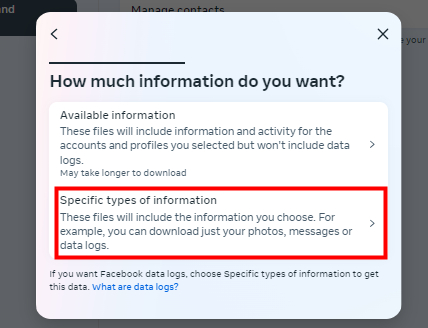 download specific types of information on Facebook website