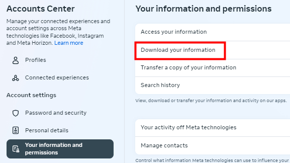 Facebook website download your information