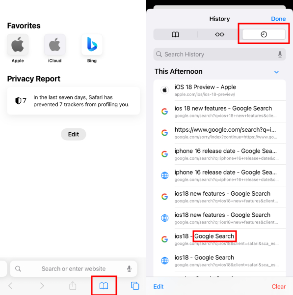 Safari how to find search history on iPhone