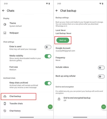 Find the date of WhatsApp chats backup