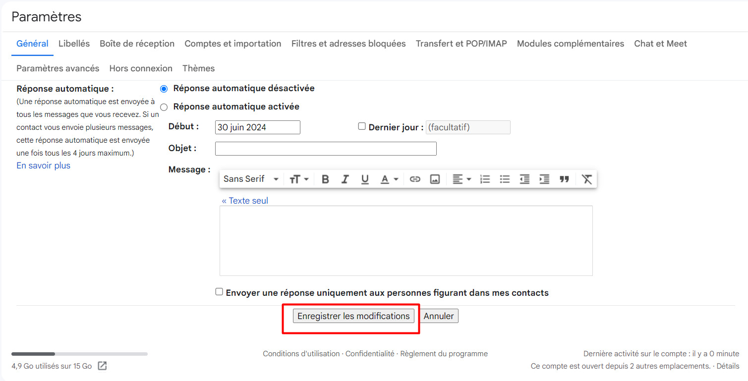 Gmail Enregistrer les modifications