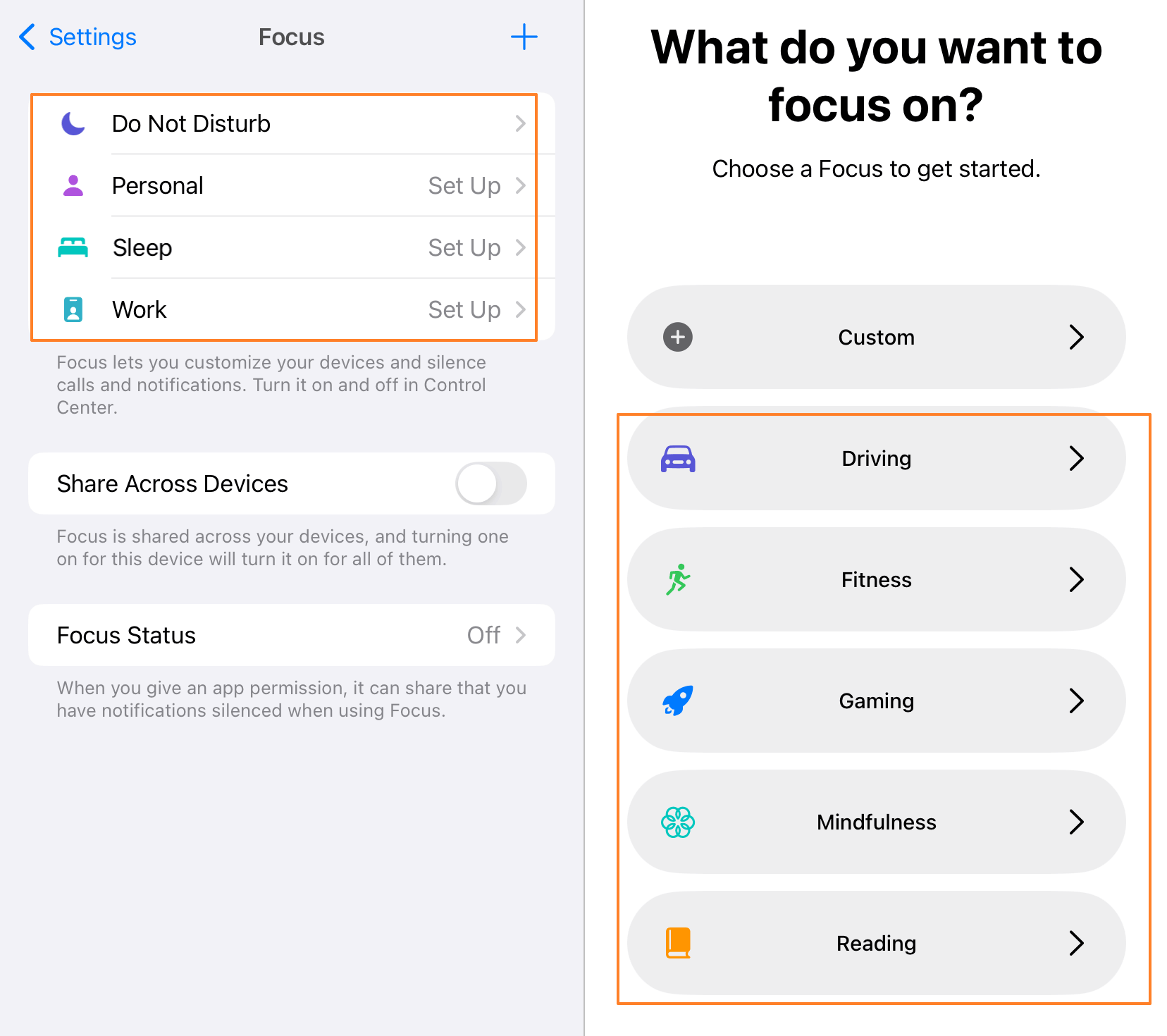 iPhone default and preset Focus Mode 