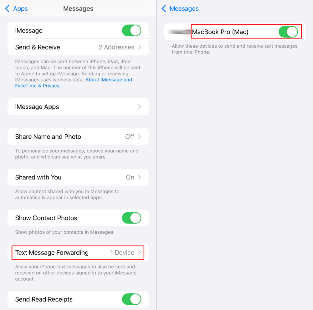 iPhone messages forwarding to Mac